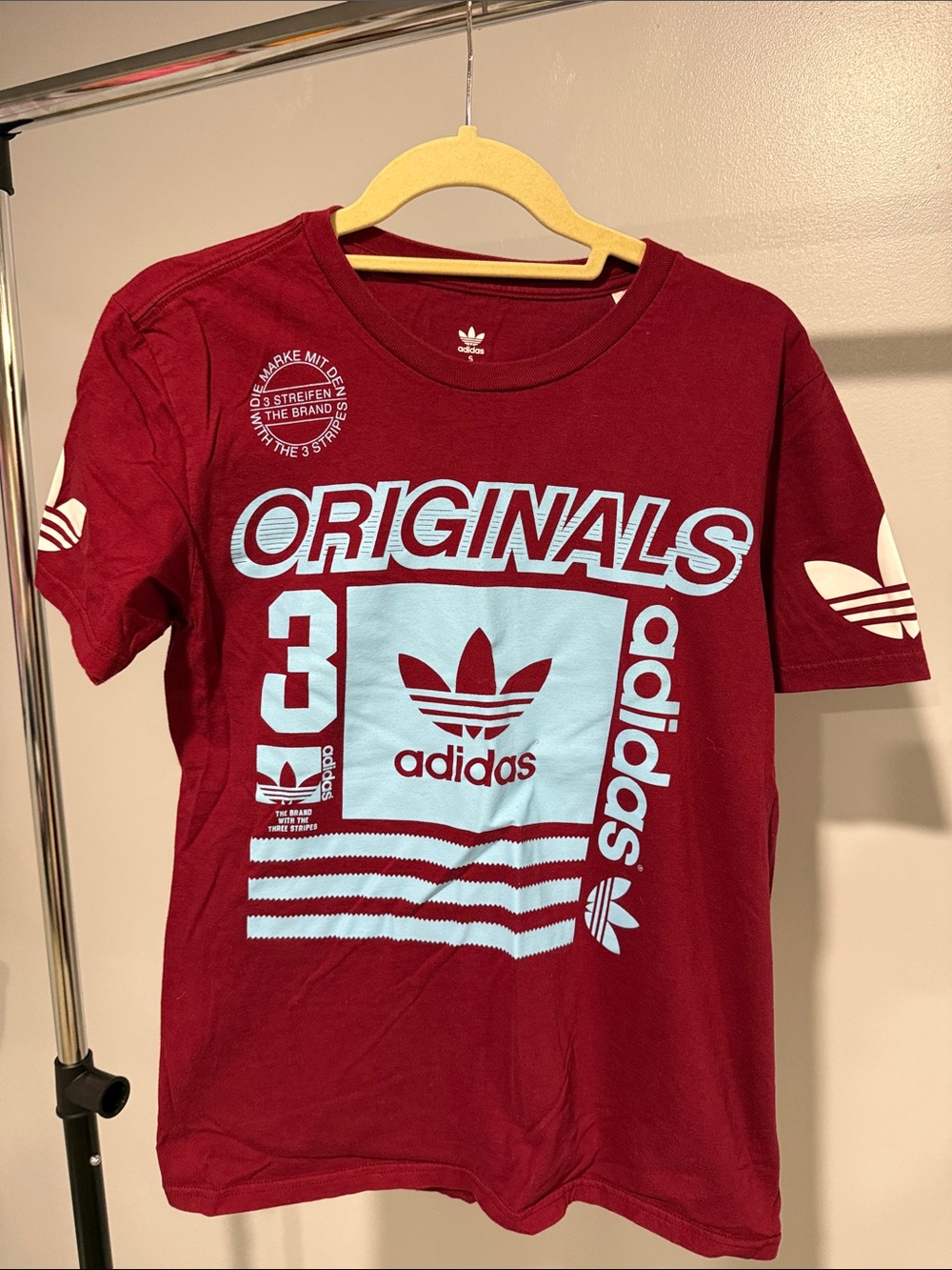 adidas Kids Burgundy Tee with Light Blue Originals Graphic